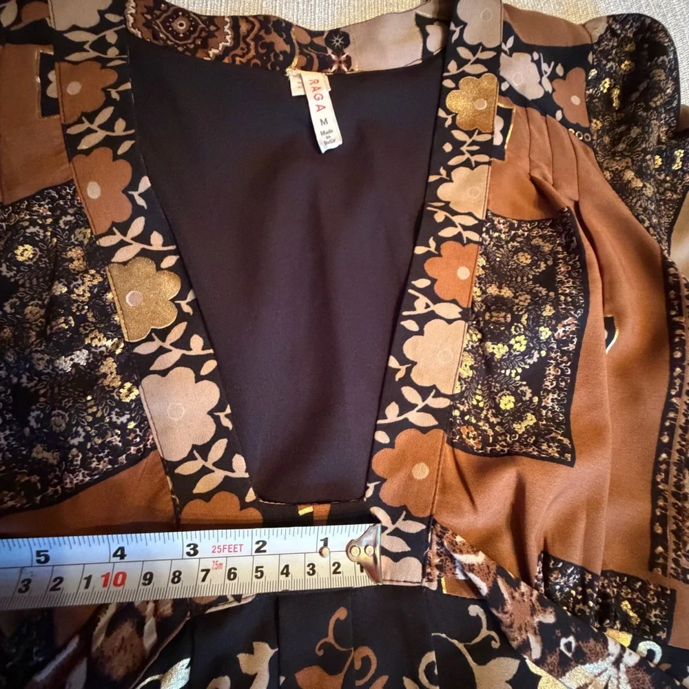 RAGA‎ Brown and Black Boho Metallic / floral Printed Deep V‑Neck Mini Dress